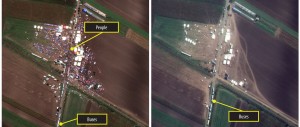 Emergence of tents, people and vehicles at collection point at Hungarian - Serbian border. Figure 21 Imagery from 10 June 2015 shows the area before the collection point has formed. Figure 22 Imagery on 3 September 2015 shows increased activity in the area with some tents and tarps visible. Figure 23 Imagery on 13 September 2015 shows significant activity at the collection point with many tents, vehicles and people present. Figure 24 Imagery on 15 September 2015 shows many of the smaller tents are no longer present. Buses are visible along the road.